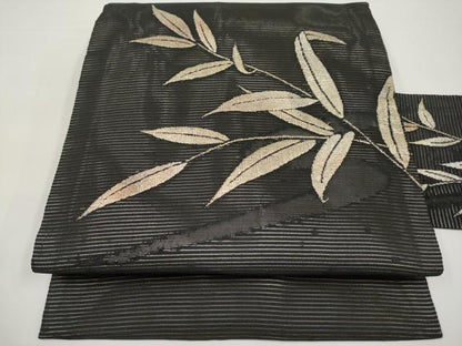 平和屋着物＊夏物　九寸名古屋帯　枝葉文　黒地　金糸　正絹　逸品　CABI8616tx