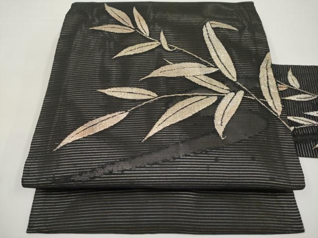 平和屋着物＊夏物　九寸名古屋帯　枝葉文　黒地　金糸　正絹　逸品　CABI8616tx