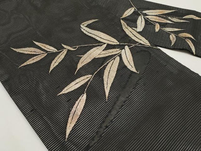 平和屋着物＊夏物　九寸名古屋帯　枝葉文　黒地　金糸　正絹　逸品　CABI8616tx