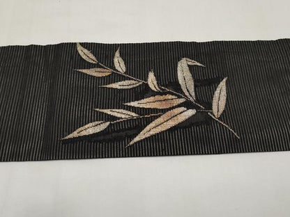 平和屋着物＊夏物　九寸名古屋帯　枝葉文　黒地　金糸　正絹　逸品　CABI8616tx