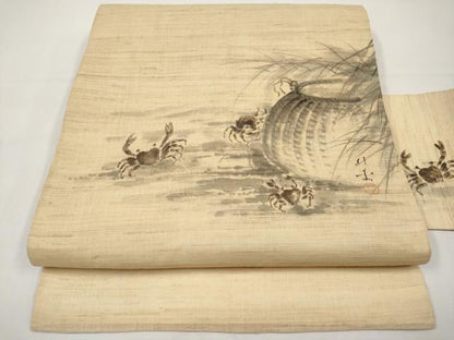 平和屋着物＊夏物　九寸名古屋帯　作家物　手描き　カニ　蟹　麻　逸品　CABI8619tx