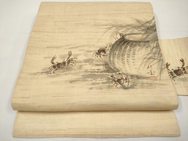 平和屋着物＊夏物　九寸名古屋帯　作家物　手描き　カニ　蟹　麻　逸品　CABI8619tx