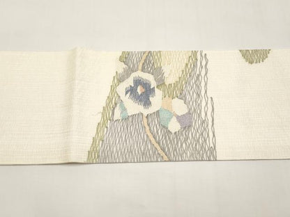 平和屋着物＊夏物　九寸名古屋帯　すくい織　枝花文　銀糸　正絹　逸品　未使用　CABI8634tx
