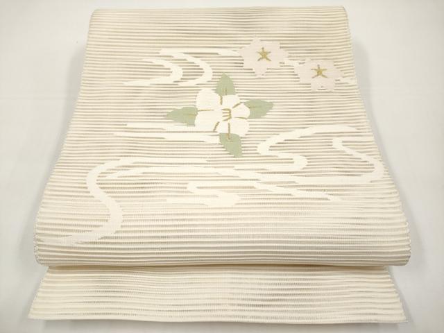 平和屋着物＊夏物　八寸名古屋帯　絽綴れ　流水草花文　金糸　正絹　逸品　未使用　CABI8637tx