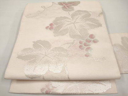 平和屋着物＊夏物　九寸名古屋帯　葡萄蔦の葉文　銀糸　正絹　逸品　CABI8658tx