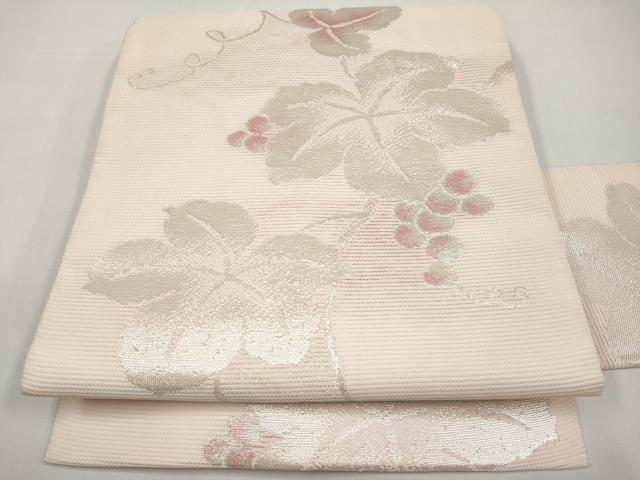 平和屋着物＊夏物　九寸名古屋帯　葡萄蔦の葉文　銀糸　正絹　逸品　CABI8658tx