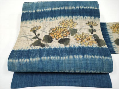 平和屋着物＊夏物　九寸名古屋帯　手描き　絞り　枝菊文　麻　逸品　CABI8662tx