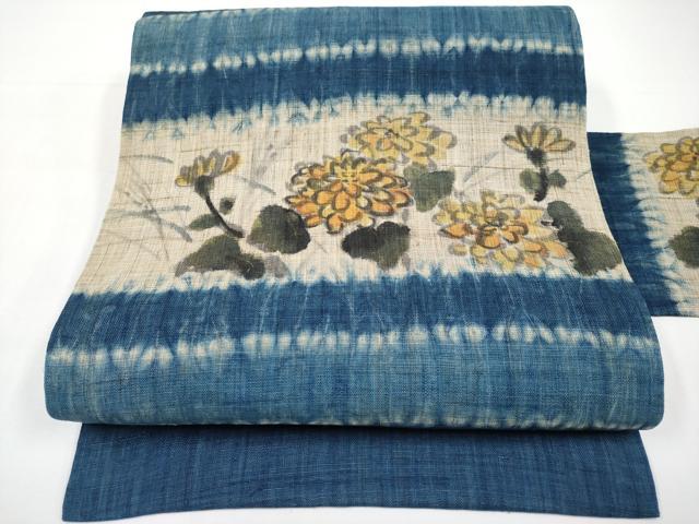 平和屋着物＊夏物　九寸名古屋帯　手描き　絞り　枝菊文　麻　逸品　CABI8662tx