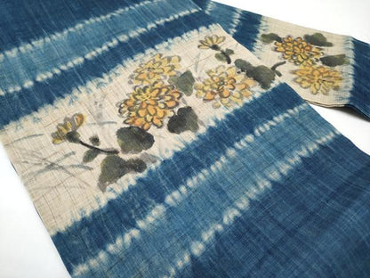 平和屋着物＊夏物　九寸名古屋帯　手描き　絞り　枝菊文　麻　逸品　CABI8662tx