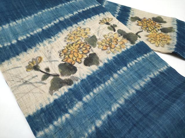 平和屋着物＊夏物　九寸名古屋帯　手描き　絞り　枝菊文　麻　逸品　CABI8662tx