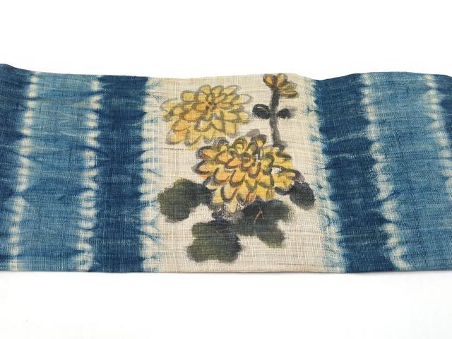 平和屋着物＊夏物　九寸名古屋帯　手描き　絞り　枝菊文　麻　逸品　CABI8662tx