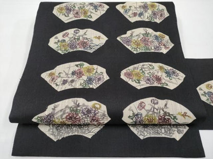 平和屋着物＊夏物　九寸名古屋帯　型染め　地紙草花文　黒地　正絹　逸品　CABI8664tx