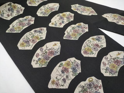 平和屋着物＊夏物　九寸名古屋帯　型染め　地紙草花文　黒地　正絹　逸品　CABI8664tx