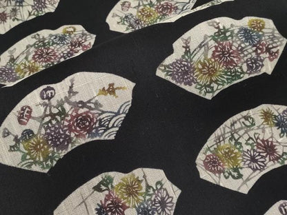 平和屋着物＊夏物　九寸名古屋帯　型染め　地紙草花文　黒地　正絹　逸品　CABI8664tx