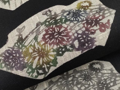 平和屋着物＊夏物　九寸名古屋帯　型染め　地紙草花文　黒地　正絹　逸品　CABI8664tx