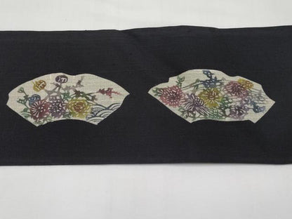 平和屋着物＊夏物　九寸名古屋帯　型染め　地紙草花文　黒地　正絹　逸品　CABI8664tx