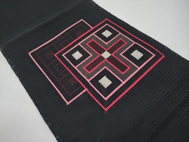 平和屋着物＊夏物　八寸名古屋帯　絽綴れ　色紙重ね文　黒地　正絹　逸品　CABI8670tx