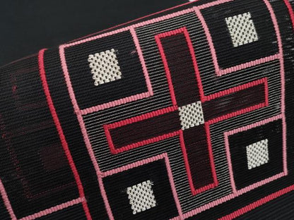 平和屋着物＊夏物　八寸名古屋帯　絽綴れ　色紙重ね文　黒地　正絹　逸品　CABI8670tx