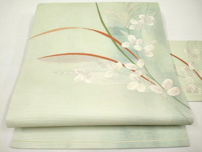 平和屋着物＊夏物　九寸名古屋帯　枝葉文　銀糸　正絹　逸品　CABI8677tx