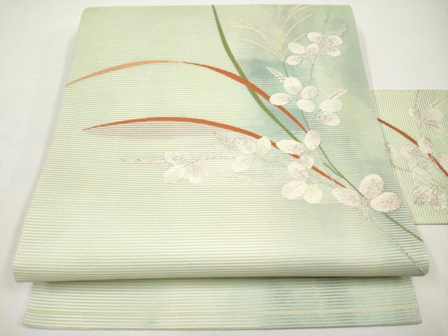 平和屋着物＊夏物　九寸名古屋帯　枝葉文　銀糸　正絹　逸品　CABI8677tx