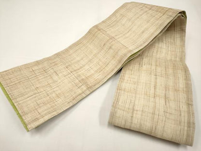 平和屋着物＊夏物　両面　半幅帯　若苗色×肌色　麻　逸品　CABI8685tx
