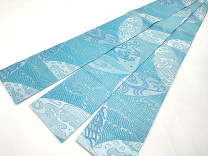 平和屋着物＊夏物　両面　半幅帯　立波文　銀糸　正絹　逸品　CABI8689tx