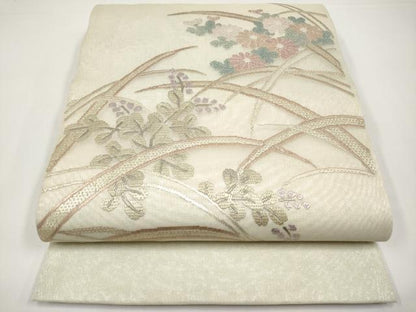 平和屋着物＊夏物　太鼓柄袋帯　絽刺し　区限刺繍　芝草花文　金糸　正絹　逸品　CABI8692tx