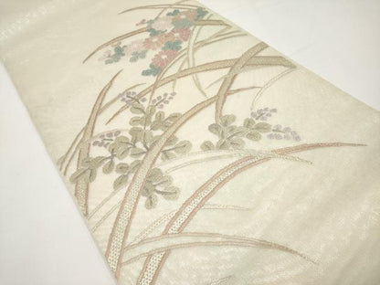 平和屋着物＊夏物　太鼓柄袋帯　絽刺し　区限刺繍　芝草花文　金糸　正絹　逸品　CABI8692tx