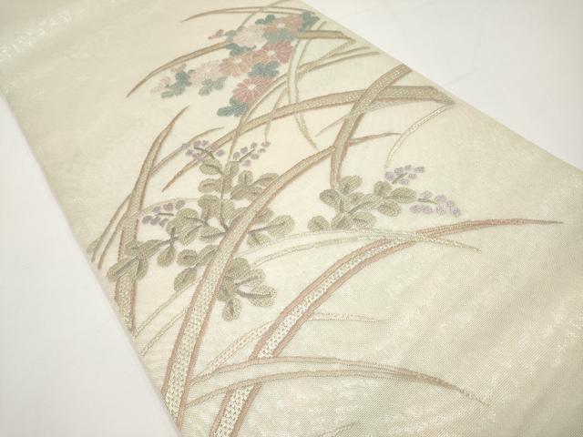平和屋着物＊夏物　太鼓柄袋帯　絽刺し　区限刺繍　芝草花文　金糸　正絹　逸品　CABI8692tx