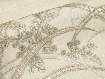平和屋着物＊夏物　太鼓柄袋帯　絽刺し　区限刺繍　芝草花文　金糸　正絹　逸品　CABI8692tx