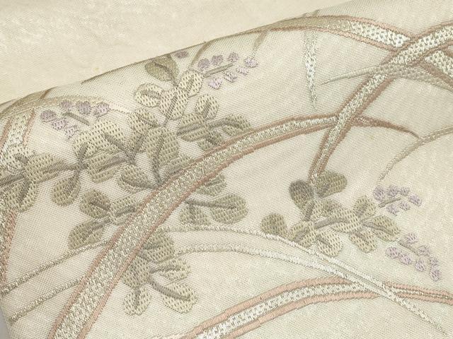 平和屋着物＊夏物　太鼓柄袋帯　絽刺し　区限刺繍　芝草花文　金糸　正絹　逸品　CABI8692tx