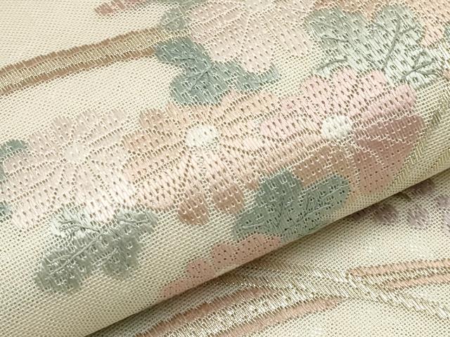 平和屋着物＊夏物　太鼓柄袋帯　絽刺し　区限刺繍　芝草花文　金糸　正絹　逸品　CABI8692tx
