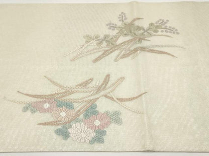 平和屋着物＊夏物　太鼓柄袋帯　絽刺し　区限刺繍　芝草花文　金糸　正絹　逸品　CABI8692tx