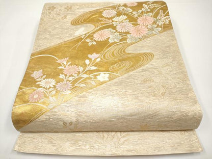 平和屋着物＊夏物　六通柄袋帯　流水草花文　金糸　正絹　逸品　CABI8696tx