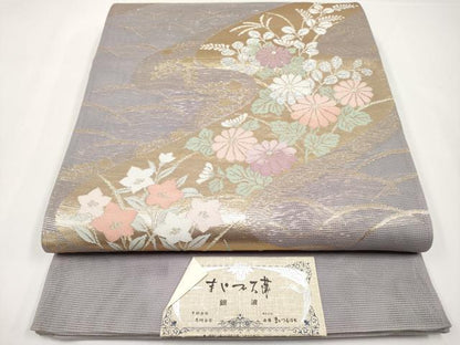 平和屋着物＊夏物　西陣　まいづる謹製　六通柄袋帯　銀波　流水草花文　金銀糸　証紙付き　正絹　逸品　CABI8708tx