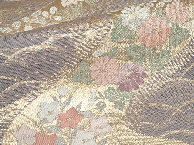 平和屋着物＊夏物　西陣　まいづる謹製　六通柄袋帯　銀波　流水草花文　金銀糸　証紙付き　正絹　逸品　CABI8708tx