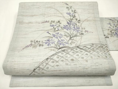 平和屋着物＊夏物　九寸名古屋帯　手描き　籬枝花文　麻　逸品　CABI8726tx