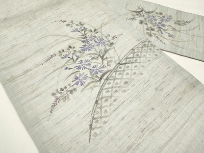 平和屋着物＊夏物　九寸名古屋帯　手描き　籬枝花文　麻　逸品　CABI8726tx