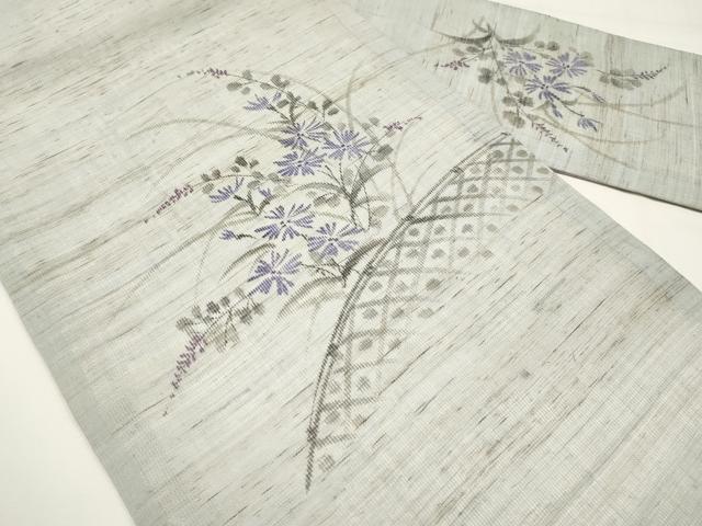 平和屋着物＊夏物　九寸名古屋帯　手描き　籬枝花文　麻　逸品　CABI8726tx