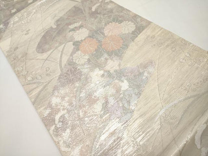 平和屋着物＊夏物　六通柄袋帯　秋草文　銀糸　正絹　逸品　CABI8735tx