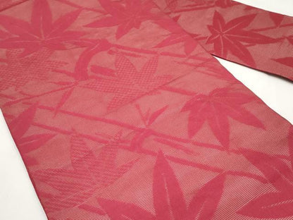平和屋着物＊夏物　九寸名古屋帯　笹竹楓文　臙脂色　正絹　逸品　CABI8745tx