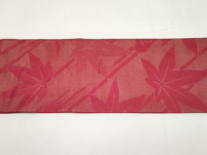 平和屋着物＊夏物　九寸名古屋帯　笹竹楓文　臙脂色　正絹　逸品　CABI8745tx