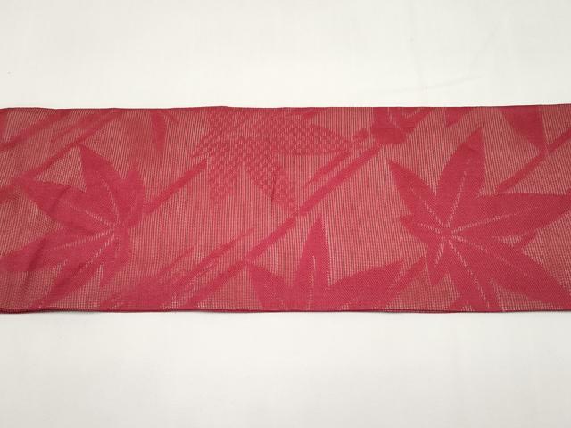 平和屋着物＊夏物　九寸名古屋帯　笹竹楓文　臙脂色　正絹　逸品　CABI8745tx