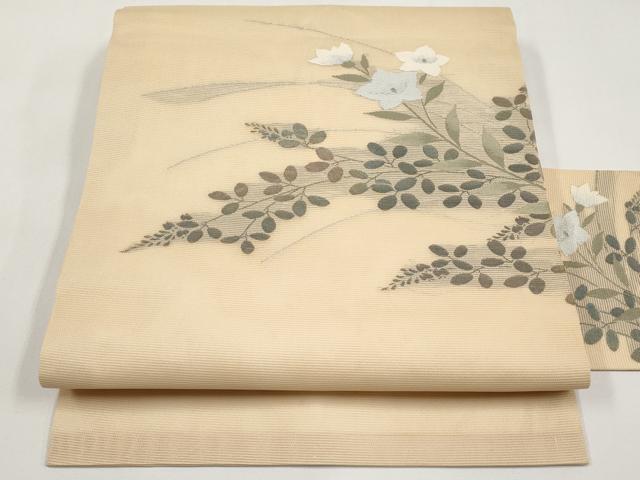 平和屋着物＊夏物　九寸名古屋帯　枝花文　銀糸　正絹　逸品　CABI8747tx