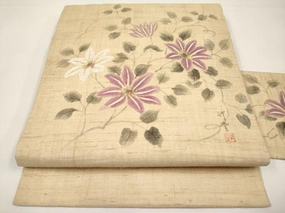 平和屋着物＊夏物　九寸名古屋帯　作家物　手描き　枝花文　麻　逸品　CABI8753tx