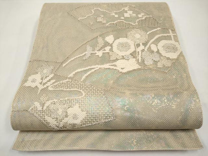 平和屋着物＊夏物　太鼓柄袋帯　地紙秋草文　銀糸　正絹　逸品　CABI8779tx
