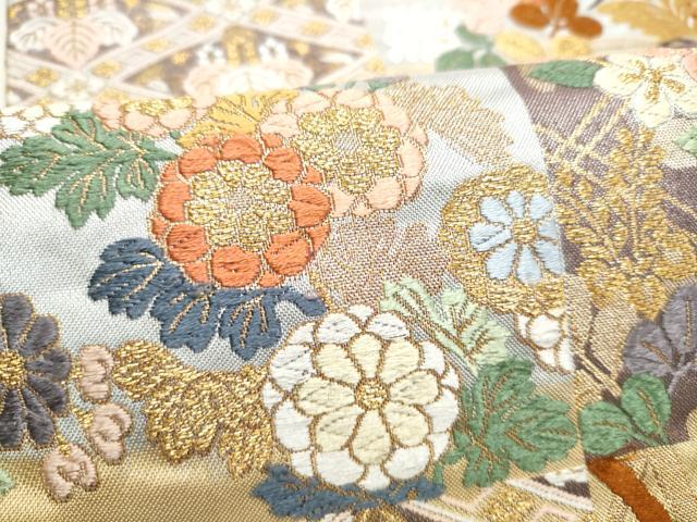 平和屋着物●六通柄袋帯　唐織　市松花の丸紋　金糸　正絹　逸品　CABI8809hy