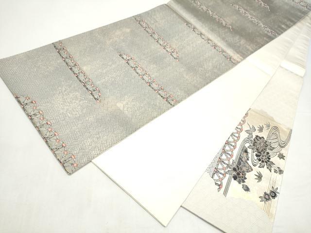 平和屋着物●六通柄袋帯　作家物　流水草花文　金糸　正絹　逸品　CABI8817hy