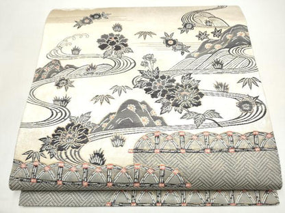 平和屋着物●六通柄袋帯　作家物　流水草花文　金糸　正絹　逸品　CABI8817hy