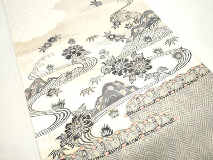 平和屋着物●六通柄袋帯　作家物　流水草花文　金糸　正絹　逸品　CABI8817hy
